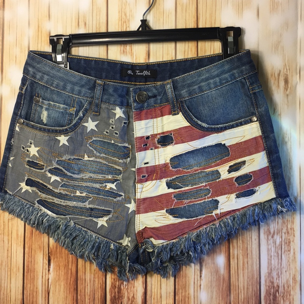 On Twelfth American flag destroyed denim shorts